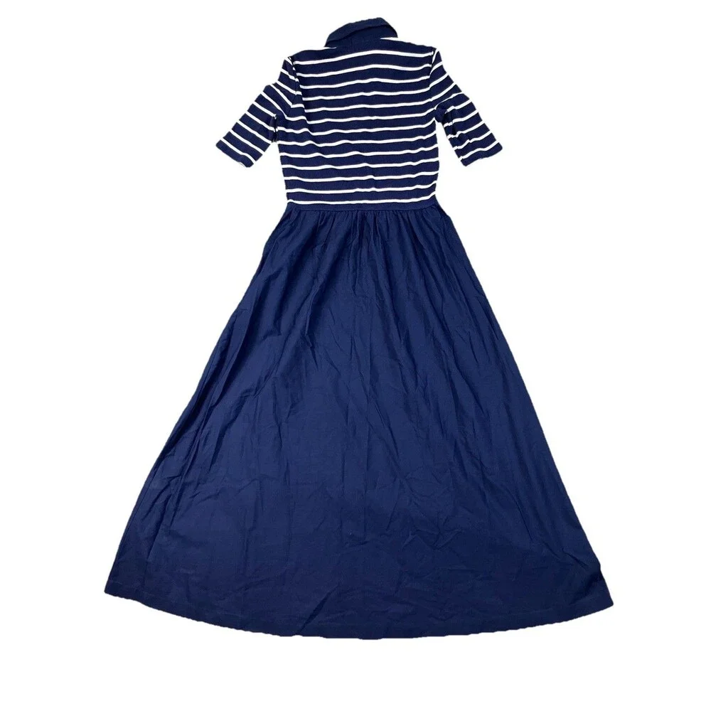 J Crew Polo Midi Dress Womens XS Blue Striped Collared Fit Flare Coastal CR821